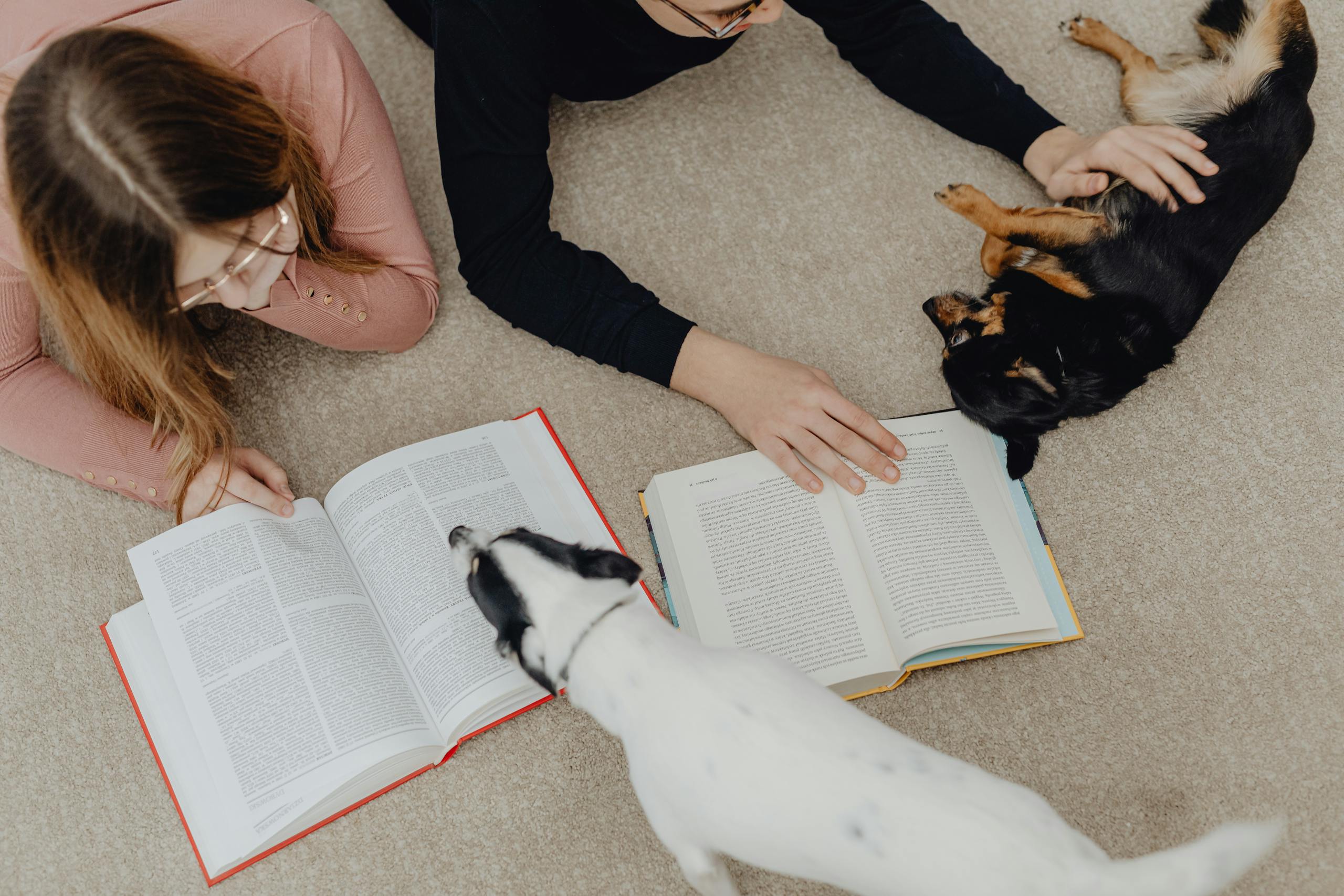 Two children reading books on the carpet while playing with cute dogs.